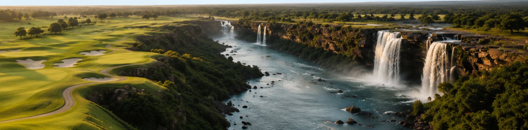 Waterfalls and a river gorge beside rolling fairways