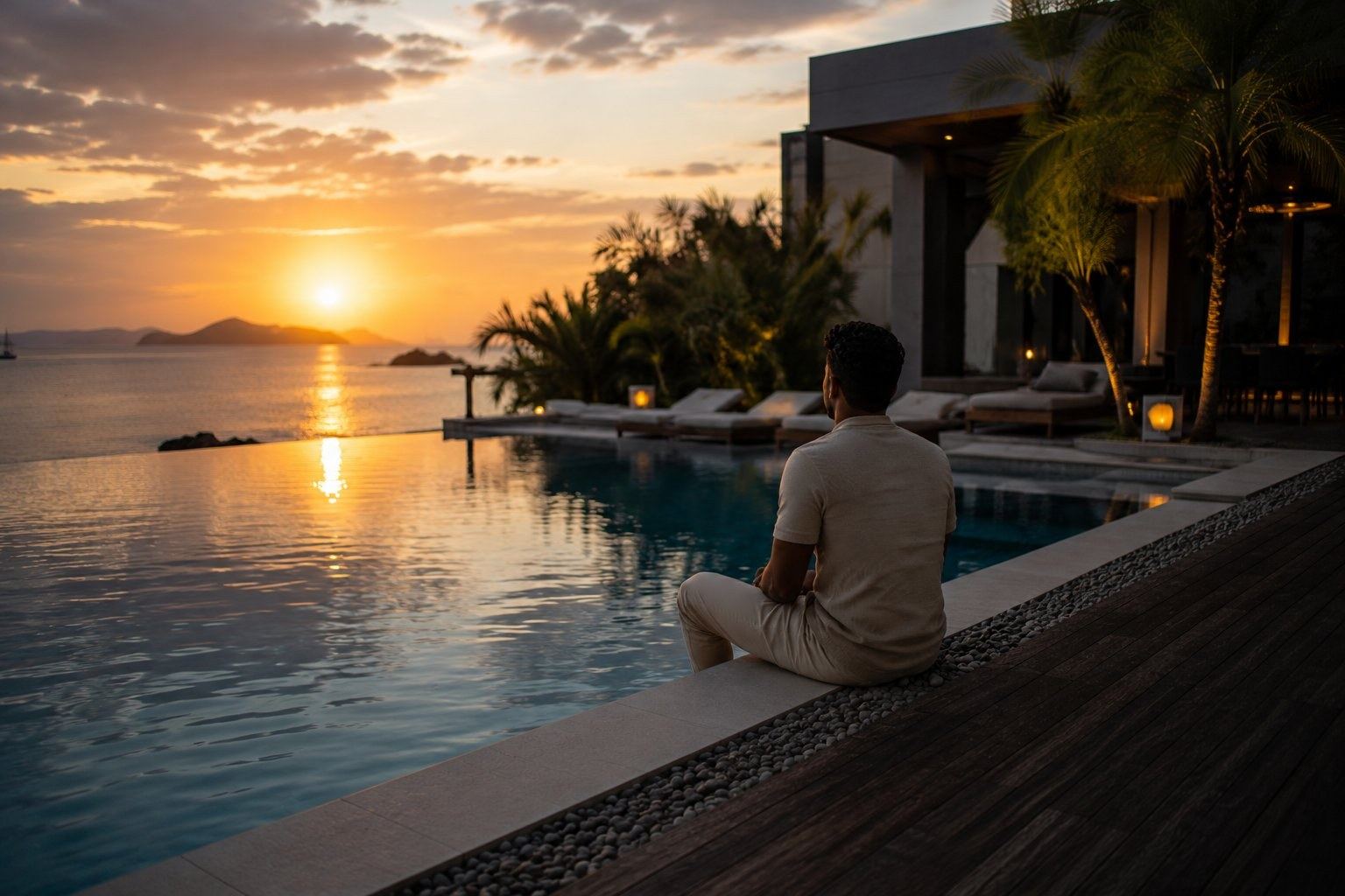 A member sitting at the edge of a pool at sunset
